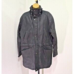 Vtg 90s Black Leather Quilted Field Chore Barn Coat Mens Oversized Small Medium